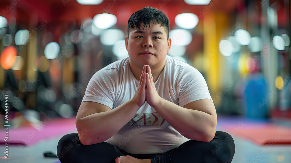 Fototapeta premium A Latino young man with Down syndrome looking peaceful and content while working as a yoga instructor in a fitness center. Learning Disability