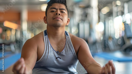 A Latino young man with Down syndrome looking peaceful and content while working as a yoga instructor in a fitness center. Learning Disability