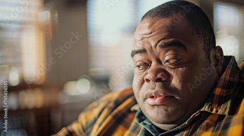 A multiracial man with Down syndrome showing compassion and empathy while working as a social worker in a community center. Learning Disability