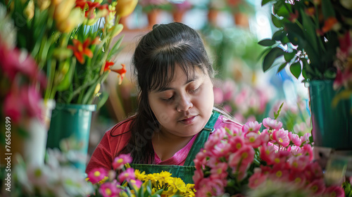 A Latino young woman with Down syndrome looking peaceful and content while working as a florist in a flower shop. Learning Disability