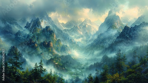 Celestial kingdoms atop cloud-shrouded mountains accessible through a mystical forest where dragons roam photo