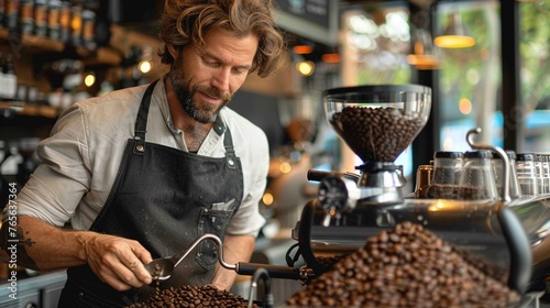 Barista in apron grinding coffee beans photo