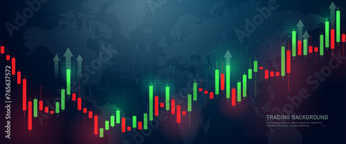 Trading candlestick chart of stock finance on a dark blue background of the global world. Bullish point, uptrend of the chart. Stock market candlesticks in green and red. Vector illustration.
