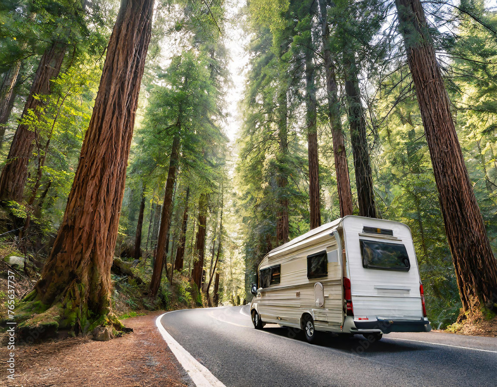 A camper van parked against a backdrop of towering redwood trees invites viewers to embark on road trips and outdoor camping adventures.