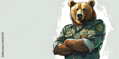 This compelling depicts a grizzly bear in the guise of a park ranger symbolizing the important role these rugged and powerful animals