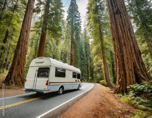 A camper van parked against a backdrop of towering redwood trees invites viewers to embark on road trips and outdoor camping adventures.