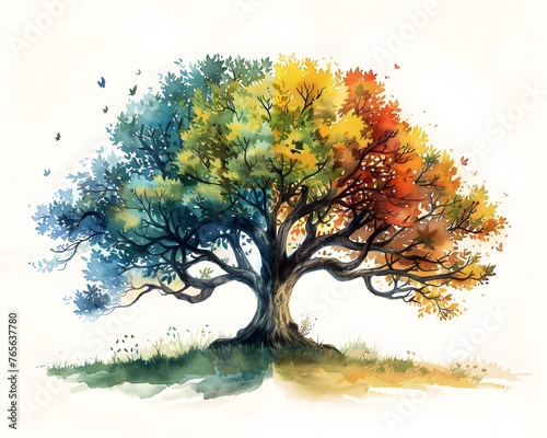 Majestic Oak Tree's Seasonal Transformation:A Vibrant of Nature's Cyclical Splendor
