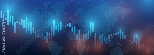 A stock market investment trading chart on a dark background. Blue candles of the stock market. Bullish point, downtrend of the chart. Vector illustration.