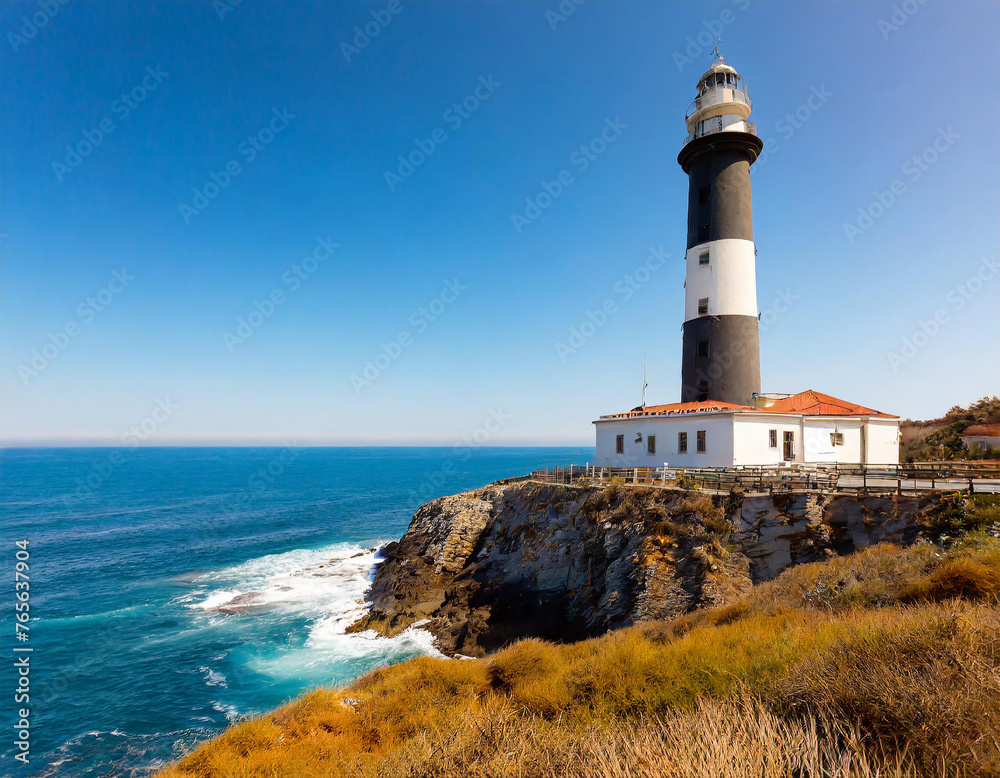 A lighthouse stands tall against a cloudless sky, guiding ships safely along the coast.