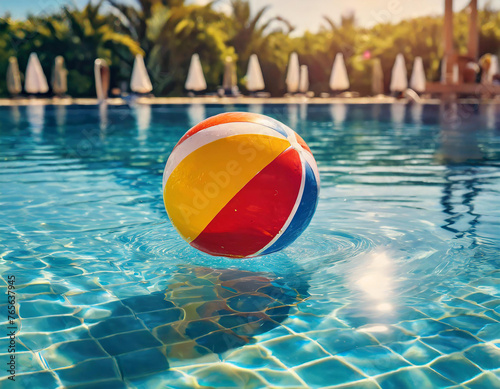 A lone beach ball floats in the crystal-clear waters of a swimming pool  inviting playful interaction.