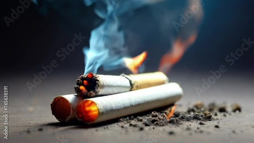 Burning cigarette with smoke. Smoking is dangerous. Smoke kills person. Dangerous effects of smoking. Hd video  photo