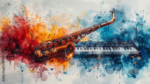 abstract colorful saxophone and piano keyboard