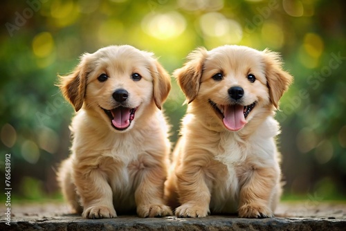 Cute Golden Retriever puppies sitting in the park in summer