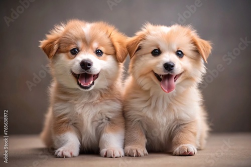Two cute puppies of Golden Retriever sitting on a wooden background
