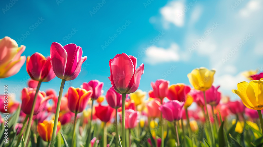 tulips field with blue sky