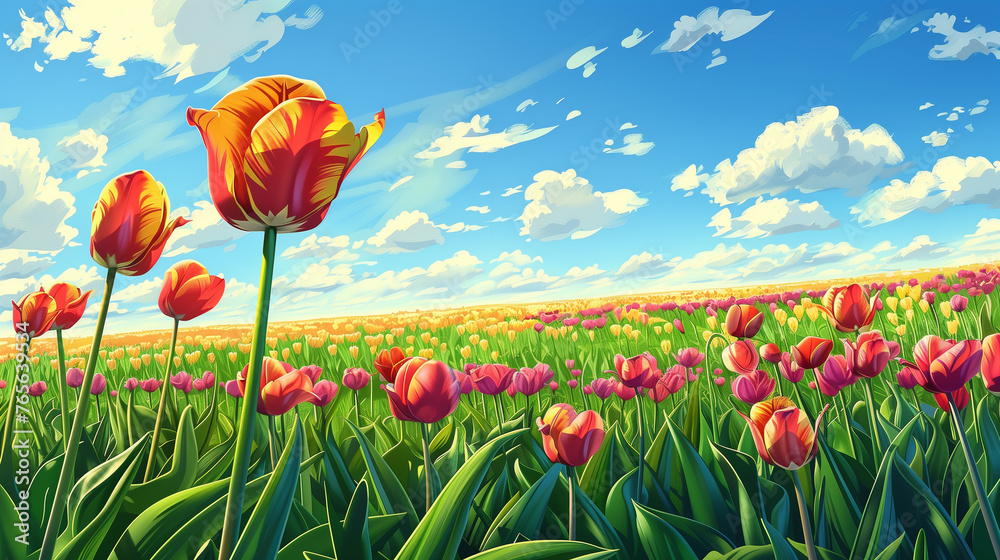 tulips field with blue sky