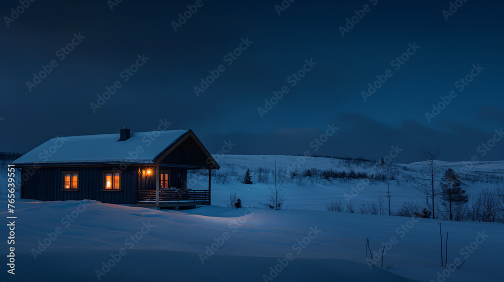 Lonely scandinavian hut in a field, surrounded by snow Lonely scandinavian hut in a field, surrounded by snow