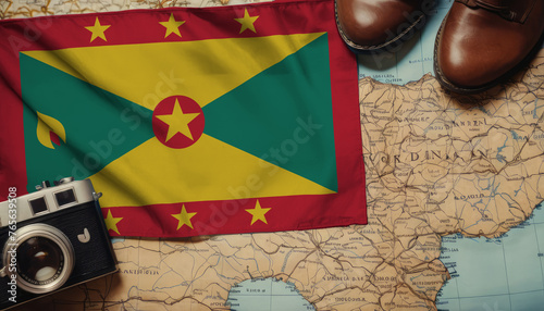 Grenada flag on the map surrounded by camera  shoes. Travel and tourism concept