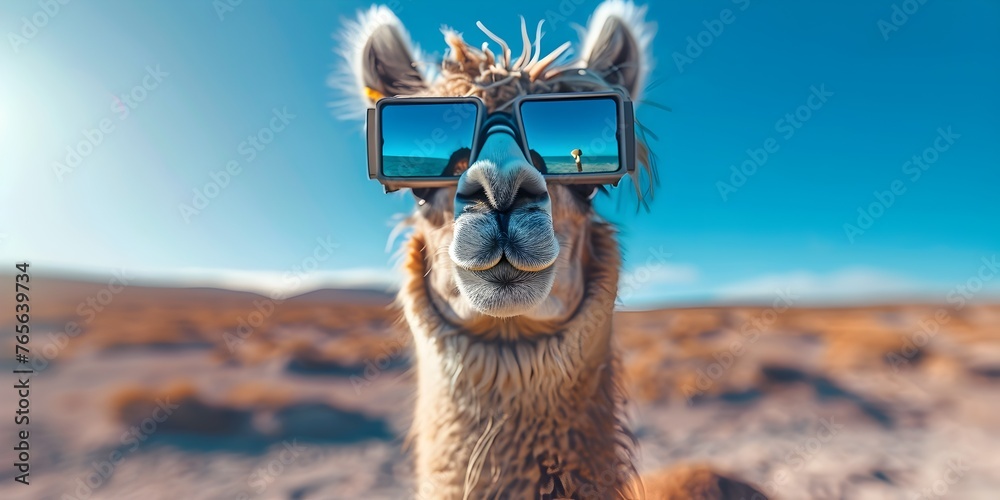 Naklejka premium Adventurous Llama Livestreaming from Desert Landscape through Quirky Eyewear