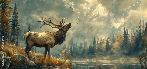 Majestic Elk Amid Autumnal Wilderness:A Harmonious Digital