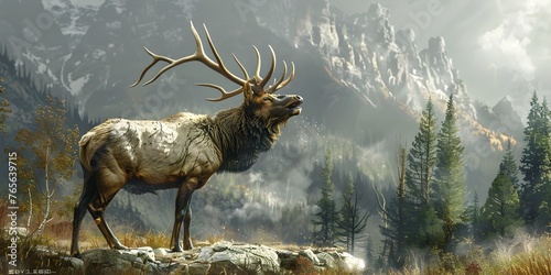 Majestic Elk Echoing Through the Misty Mountain Wilderness,an Awe-Inspiring of Nature's Grandeur © Thares2020