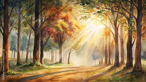 Beautiful autumn forest with fog and sun rays. Digital painting.