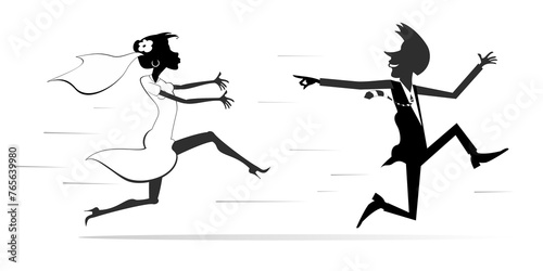 Married wedding couple. Bridegroom runs away from the bride.
Upset bride trying to catch up a runaway bridegroom. Running bridegroom looks back and points a finger to the bride trying to catch him. Bl photo