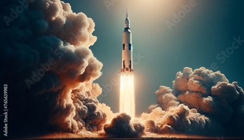 A medium shot of the historic Saturn V rocket during liftoff, emphasizing the massive plume of exhaust and the scale of human space exploration.