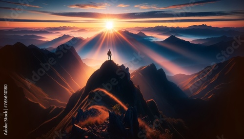 The image depicts a hiker standing at the edge of a high mountain peak during sunrise.