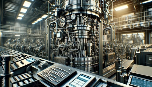 The image should display a close-up shot of a complex industrial machine, focusing on the intricate details such as gears, levers, screens, and contro. photo