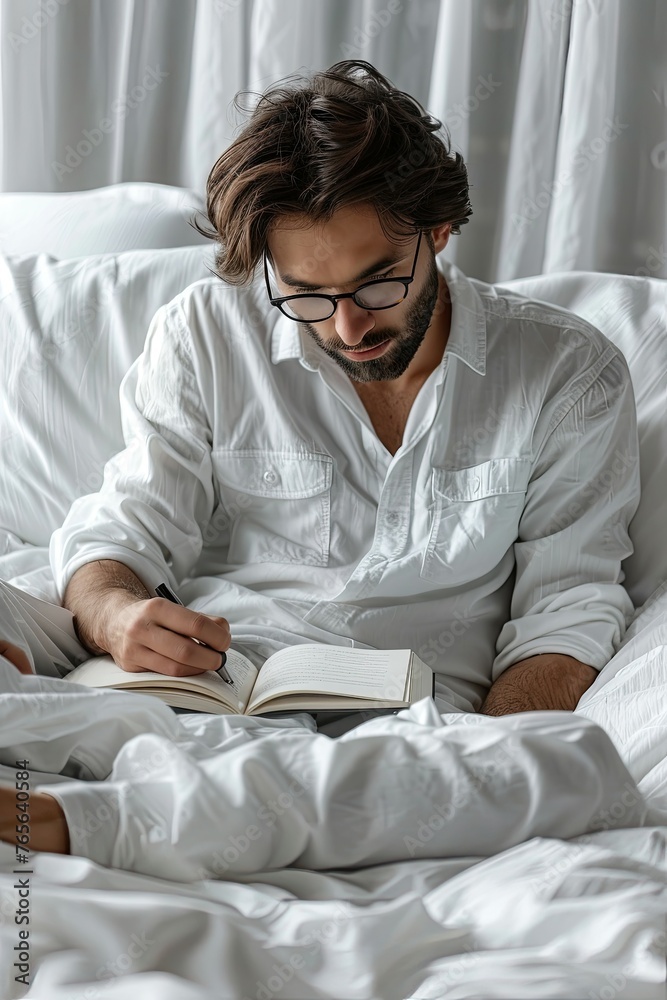 Young man writing notes in bed with a book, immersed in study. Young man writing notes in bed with a book, immersed in study.