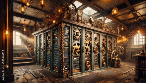 A vintage-inspired server room with a steampunk aesthetic, featuring steam-powered machinery, brass fittings, and Victorian-era decor intertwined with. photo