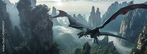 Mystical Dragon Soaring Over Ancient Misty Peaks 