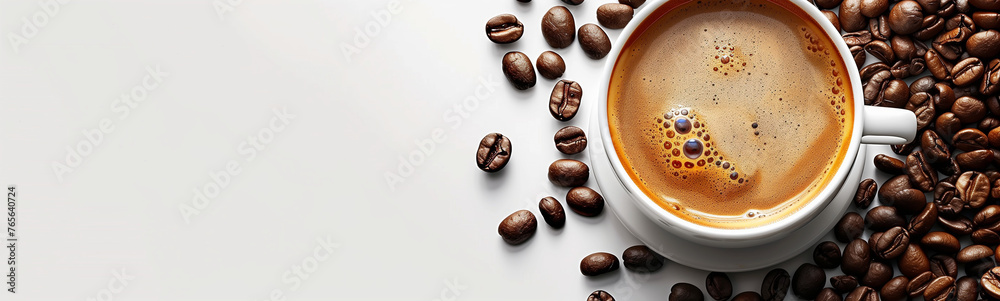 Espresso Coffee in White Cup Surrounded by Coffee Beans
 - obrazy, fototapety, plakaty 