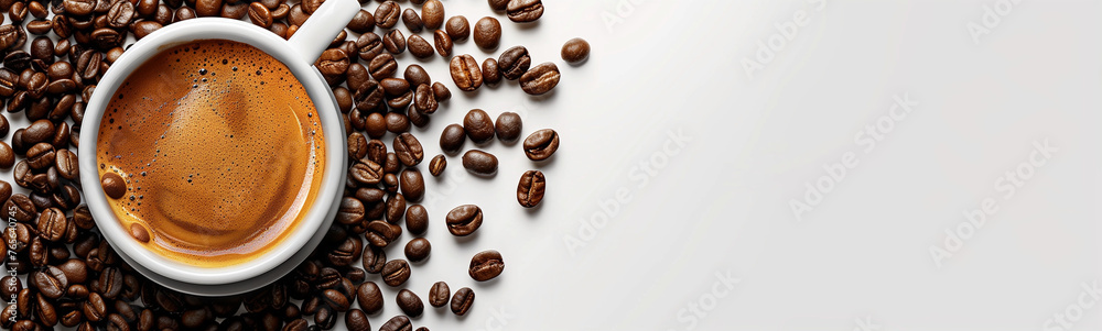 Espresso Coffee in White Cup Surrounded by Coffee Beans
 - obrazy, fototapety, plakaty 