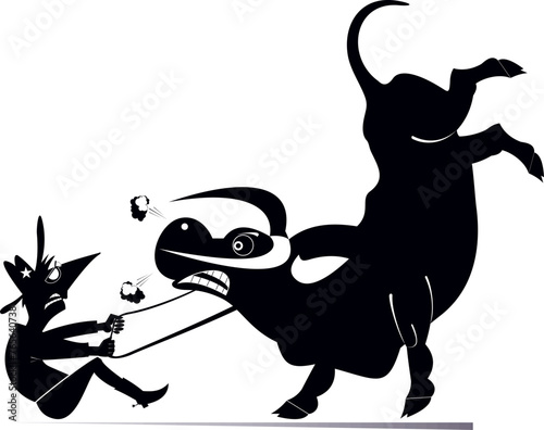 Rodeo. Farmer or cowboy. Angry bull. 
Farmer or cowboy trying to hold an angry bull. Black and white illustration
