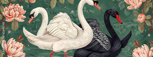 Elegant Swans in Vintage Floral Pattern Illustration
