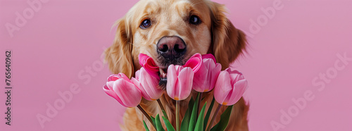 Golden Retriever Admiring Pink Tulips on Pink Background
 #765640962