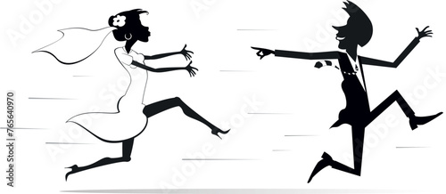 Married wedding couple. Bridegroom runs away from the bride.
Upset bride trying to catch up a runaway bridegroom. Running bridegroom looks back and points a finger to the bride trying to catch him. Bl