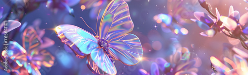 Iridescent Butterfly on Shimmering Floral Background 