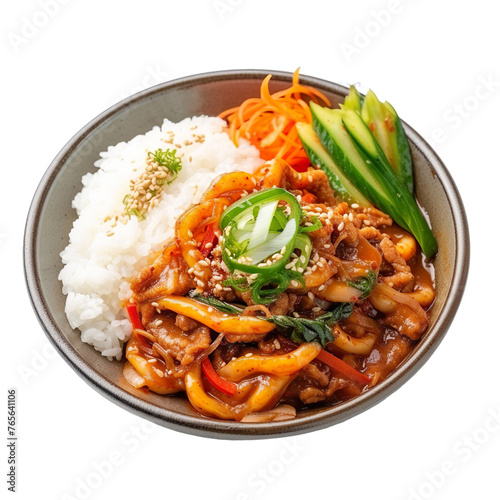Front view of Ojingeochae Bokkeum with spicy stir-fried Korean dried shredded squid isolated on a white transparent background