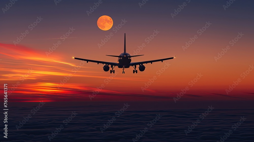View from a plane's passenger window with a full moon against the twilight sky. View from a plane's passenger window with a full moon against the twilight sky.