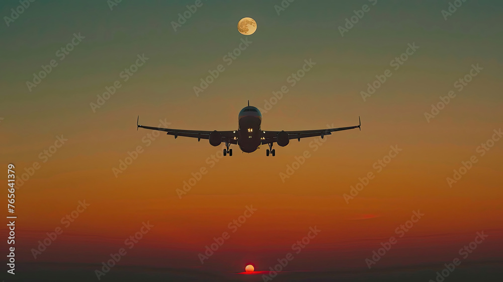 Airplane landing during sunset with a visible full moon above in a serene orange sky.