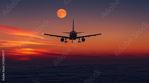 View from a plane's passenger window with a full moon against the twilight sky.