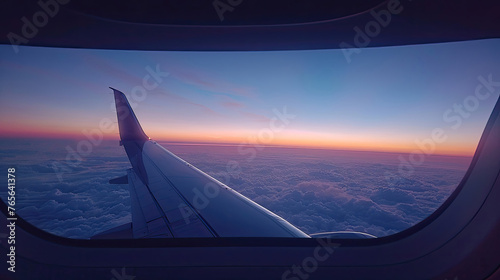 An airplane wing seen from a passenger window during a vibrant sunset above the clouds.