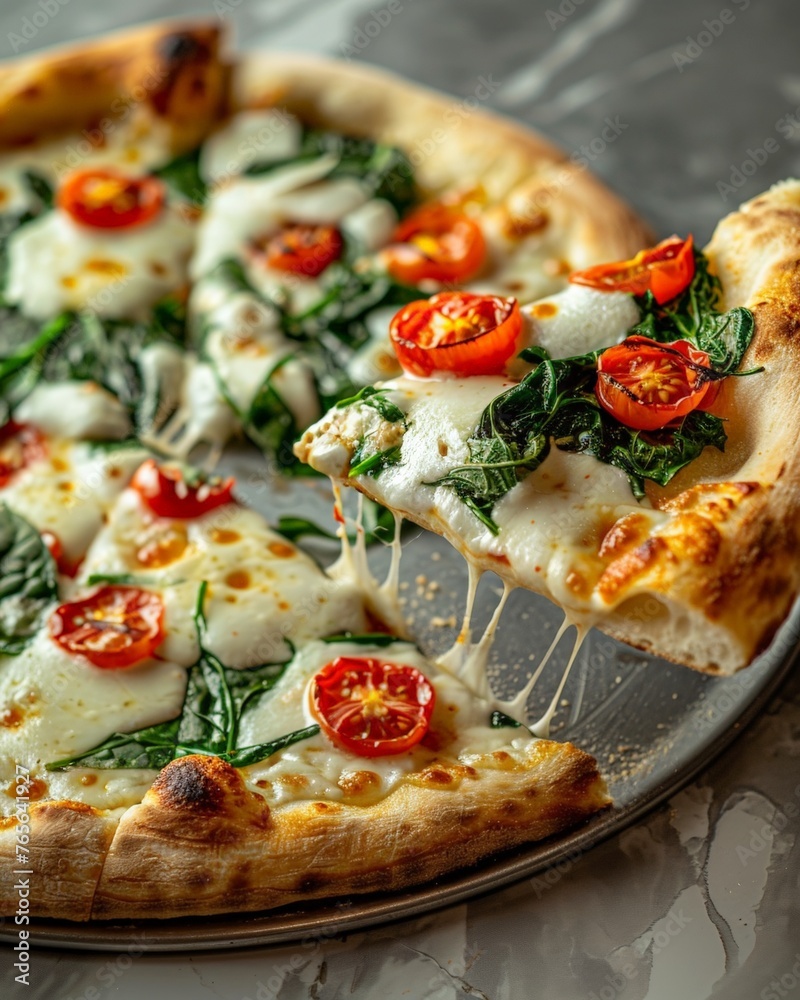 Italian Pizza with Spinach, Cherry Tomatoes, and Mozzarella Cheese
