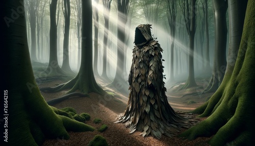A cloaked figure standing in a misty forest, with the texture of the cloak resembling leaves and bark, blending with the natural surroundings.