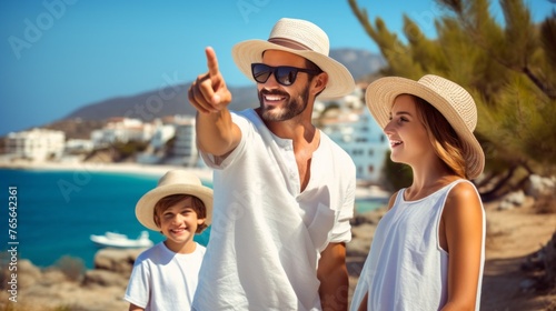 A man pointing to the ocean with his hand while two children look on