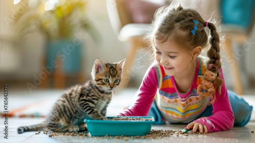 cute girl wearing brightly colored clothing cleaning out a kitty litter box while a curious kitten watches. ai generated photo