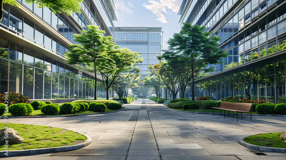 Modern Architecture and Urban City Design, Green Facade and Business Exterior, Empty Street in Downtown Asia - obrazy, fototapety, plakaty 